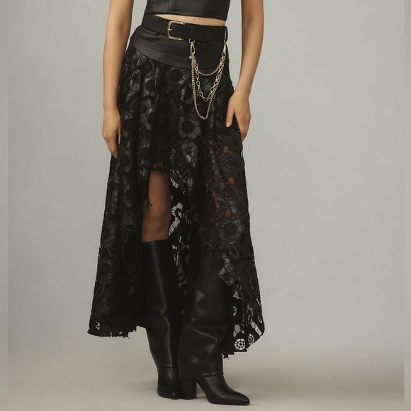 Anthropologie Dresses & Skirts - NWT Anthropologie Black Floral Faux Leather Hi Low Skirt sz 14